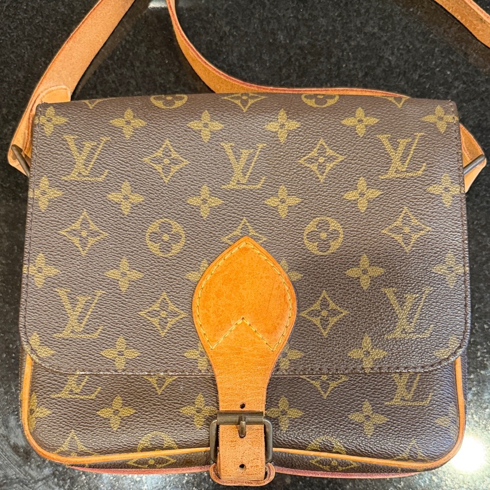 AUTHENTIC Louis Vuitton Monogram Canvas Crossbody Tan Trim and Gold Hardware